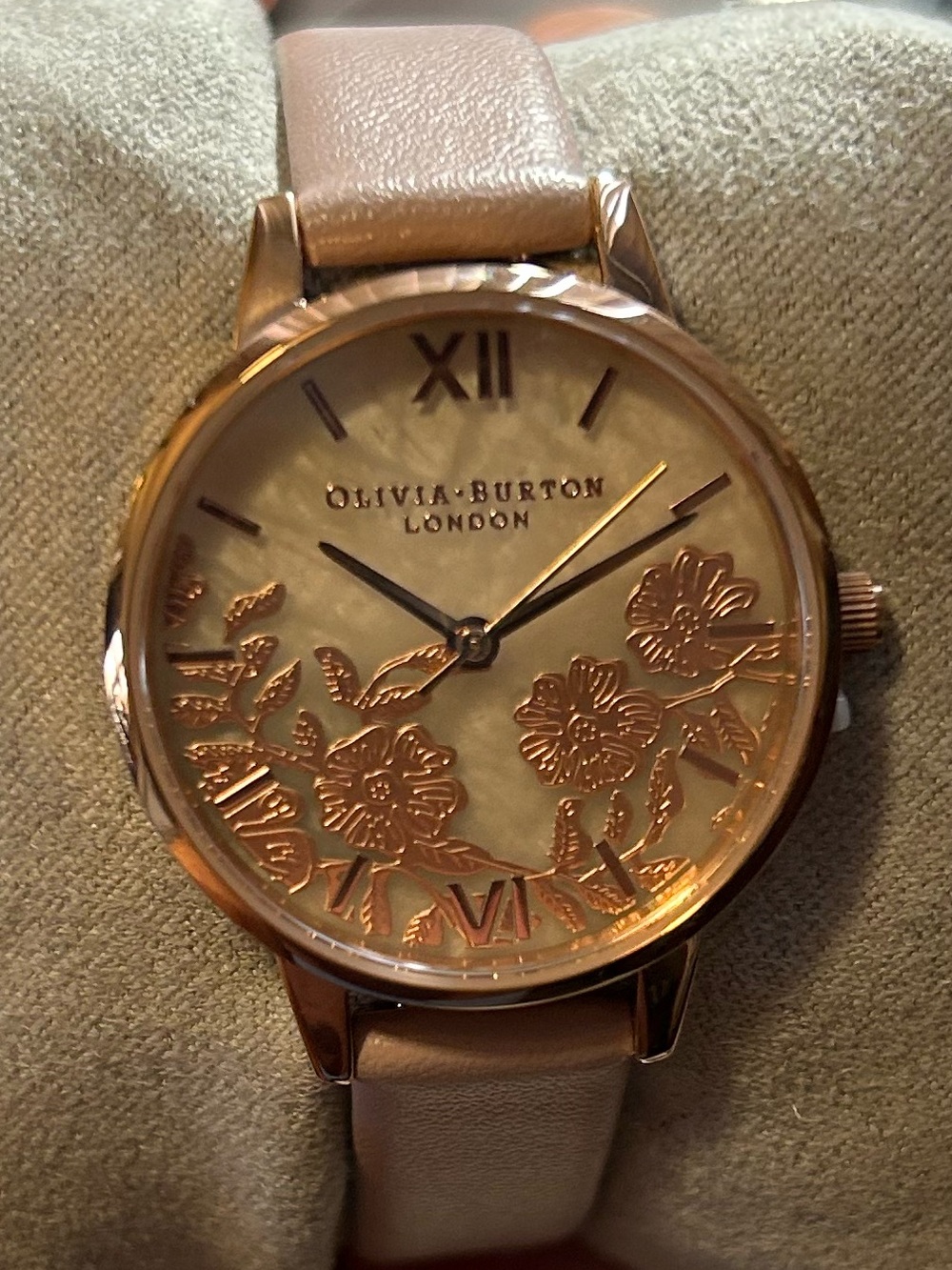 OLIVIA BURTON WATCH WITH 30MM SEMI PRECIOUS STONE FACE WITH LACE DETAIL PATTERN